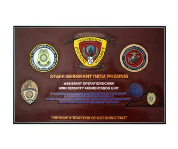 Military Presentation plaque with dedication wording carved into the wood